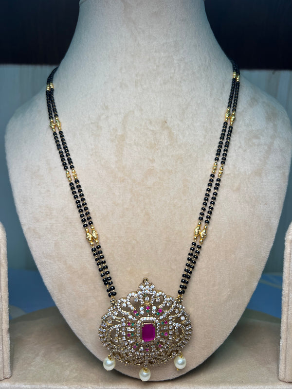 Long Mangalsutra with red and white Stones