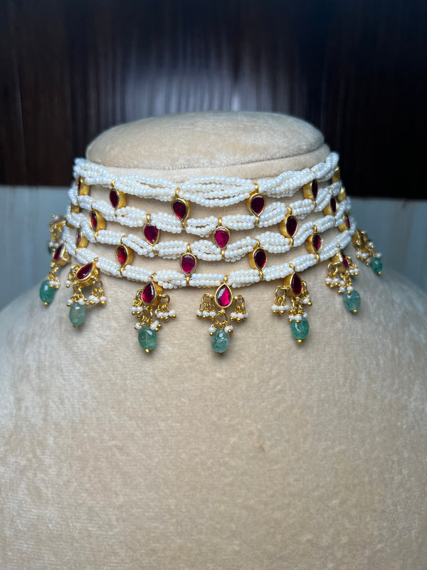 Layered pearl choker set with earrings