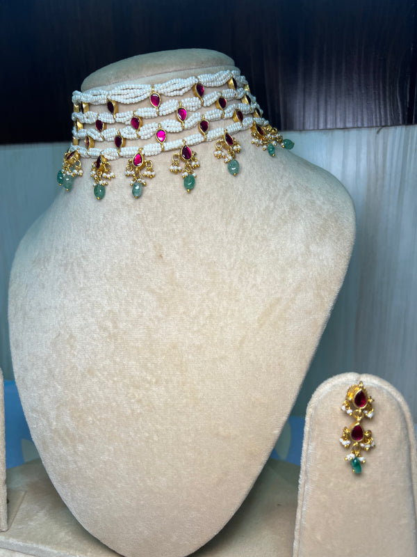 Layered pearl choker set with earrings