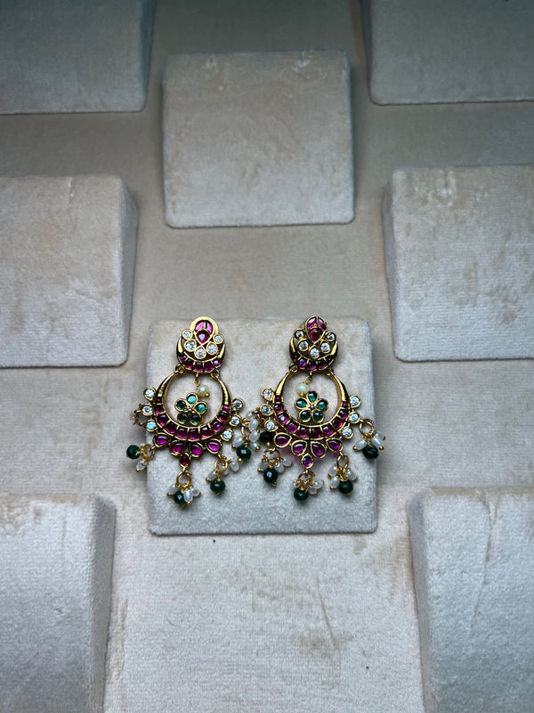 Green and Pink Meenakari Golden Midlength earrings