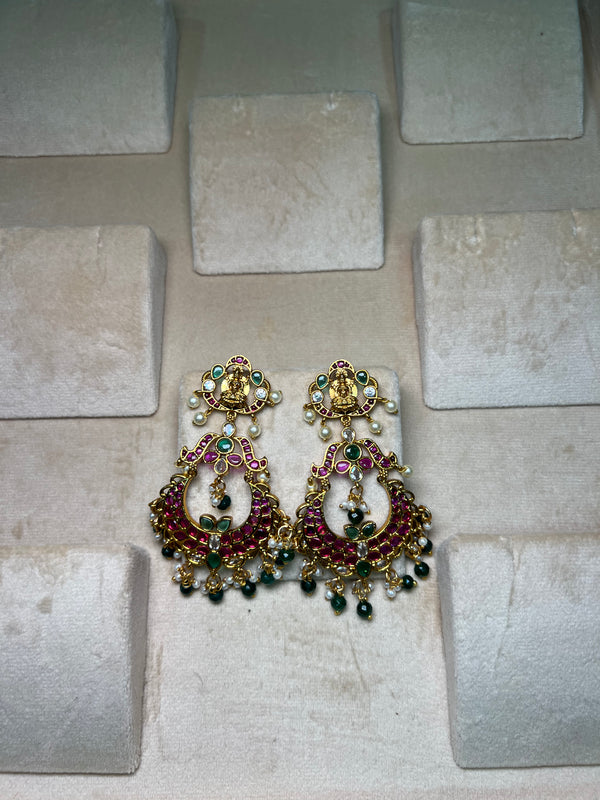 PInk and Green Meenakari chandbali earrings