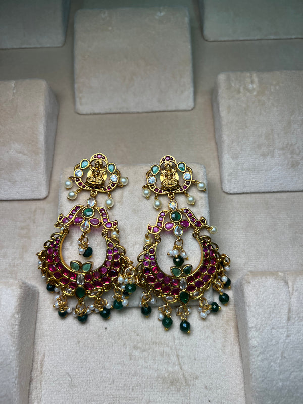 PInk and Green Meenakari chandbali earrings