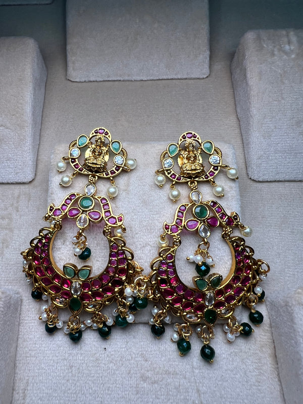 PInk and Green Meenakari chandbali earrings