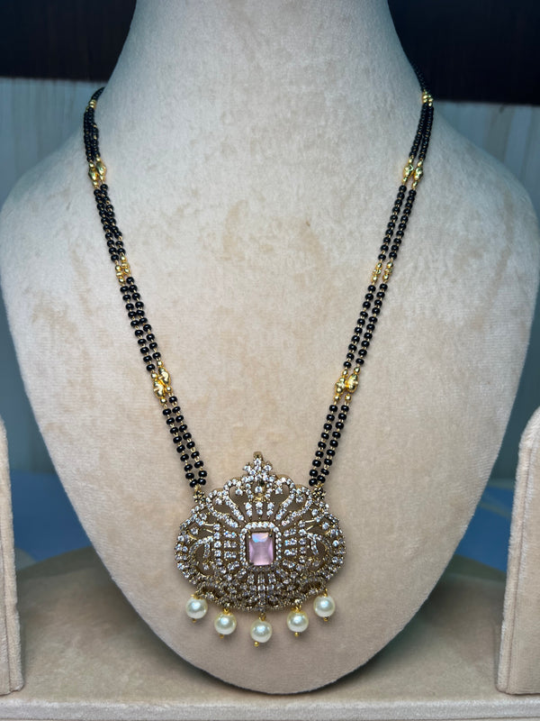 Long Mangalsutra with white and baby pink stone