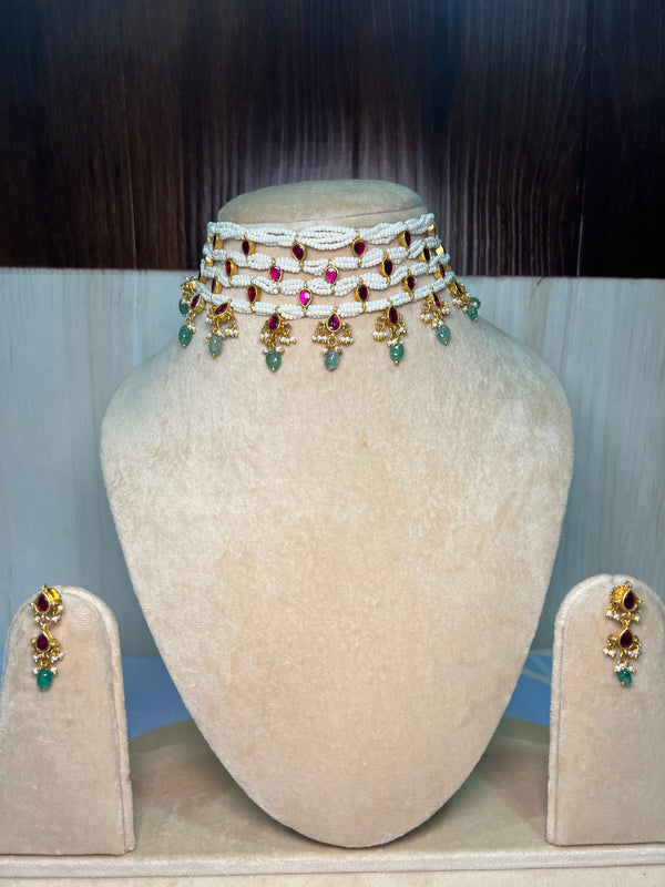 Layered pearl choker set with earrings